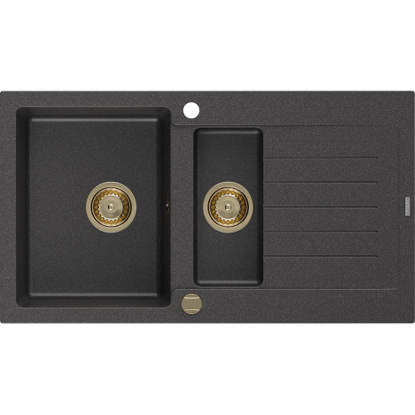 Mexen Matias   Chiuveta bucatarie granit 1,5 cuva + picurator+ cadou pop up sifon   900 x 505 mm, negru  piatra, sifon  auriu  - 6502901505-76-G