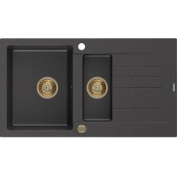 Mexen Matias   Chiuveta bucatarie granit 1,5 cuva + picurator+ cadou pop up sifon   900 x 505 mm, negru  piatra, sifon  auriu  - 6502901505-76-G 1,5 Cuva 467680 Mexen