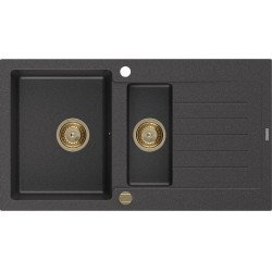 Mexen Matias   Chiuveta bucatarie granit 1,5 cuva + picurator+ cadou pop up sifon   900 x 505 mm, negru  piatra, sifon  auriu  - 6502901505-76-G 1,5 Cuva 467680 Mexen
