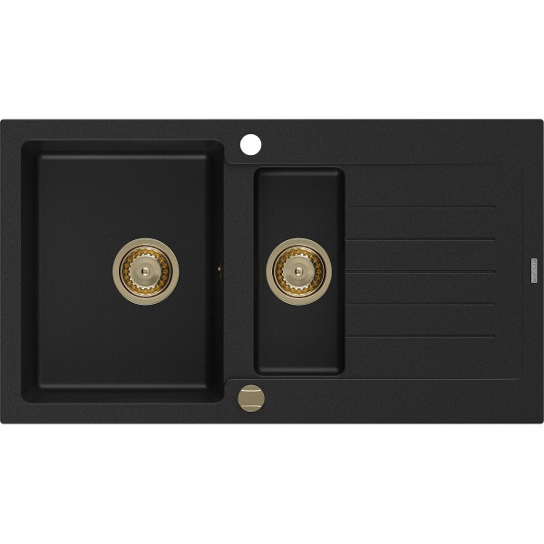 Mexen Matias   Chiuveta bucatarie granit 1,5 cuva + picurator+ cadou pop up sifon   900 x 505 mm, negru , sifon  auriu  - 6502901505-77-G