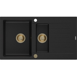 Mexen Matias   Chiuveta bucatarie granit 1,5 cuva + picurator+ cadou pop up sifon   900 x 505 mm, negru , sifon  auriu  - 6502901505-77-G 1,5 Cuva 467680 Mexen