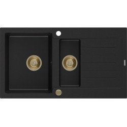 Mexen Matias   Chiuveta bucatarie granit 1,5 cuva + picurator+ cadou pop up sifon   900 x 505 mm, negru , sifon  auriu  - 6502901505-77-G 1,5 Cuva 467680 Mexen