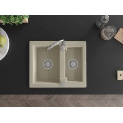 Mexen Carlos   Chiuveta bucatarie granit 1,5 cuva+ cadou pop up sifon  582 x 475 mm, beige, sifon   chrom - 6518581500-69