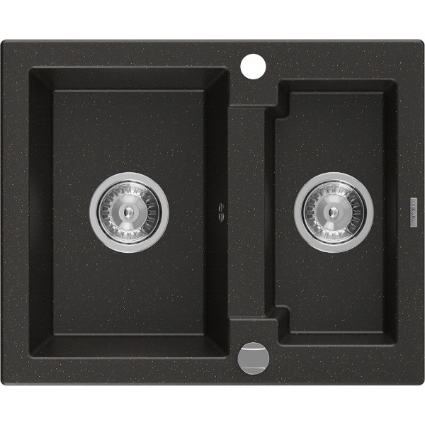 Mexen Carlos   Chiuveta bucatarie granit 1,5 cuva+ cadou pop up sifon  582 x 475 mm, negru / auriu, sifon   chrom - 6518581500-75