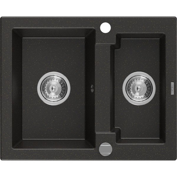 Mexen Carlos   Chiuveta bucatarie granit 1,5 cuva+ cadou pop up sifon  582 x 475 mm, negru / auriu, sifon   chrom - 6518581500-75