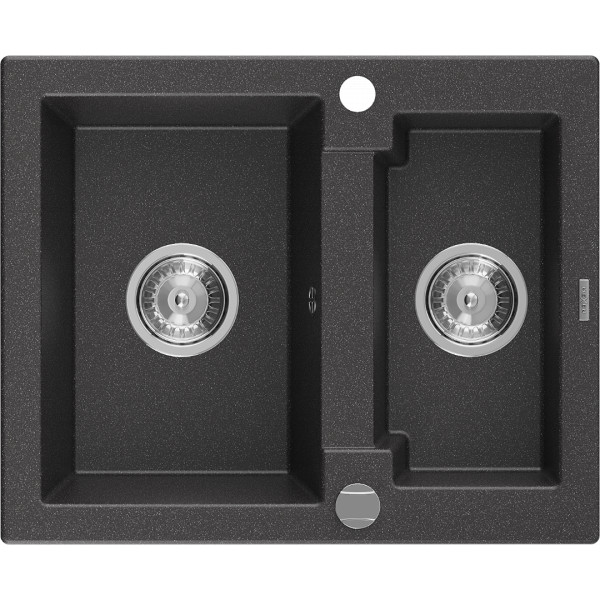Mexen Carlos   Chiuveta bucatarie granit 1,5 cuva+ cadou pop up sifon  582 x 475 mm, negru  piatra, sifon   chrom - 6518581500-76