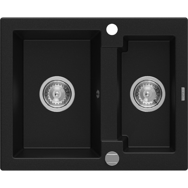 Mexen Carlos   Chiuveta bucatarie granit 1,5 cuva+ cadou pop up sifon  582 x 475 mm, negru , sifon   chrom - 6518581500-77