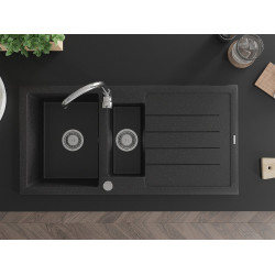 Mexen Andres   Chiuveta bucatarie granit 1,5 cuva + picurator+ cadou pop up sifon   1000 x 500 mm, negru / chrom - 6515101510-73