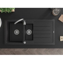 Mexen Andres   Chiuveta bucatarie granit 1,5 cuva + picurator+ cadou pop up sifon   1000 x 500 mm, negru / chrom - 6515101510-73