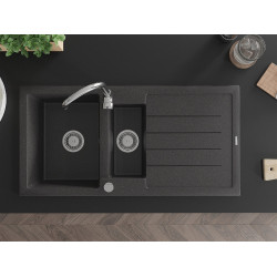 Mexen Andres   Chiuveta bucatarie granit 1,5 cuva + picurator+ cadou pop up sifon   1000 x 500 mm, negru  piatra - 6515101510-76