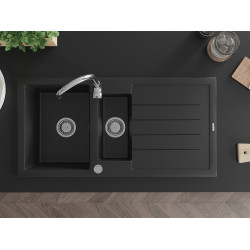 Mexen Andres   Chiuveta bucatarie granit 1,5 cuva + picurator+ cadou pop up sifon   1000 x 500 mm, negru  - 6515101510-77