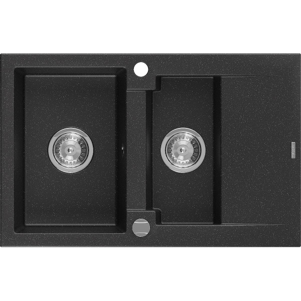 Mexen Gaspar   Chiuveta bucatarie granit 1,5 cuva + picurator+ cadou pop up sifon   737 x 475 mm, negru / chrom - 6507731505-73