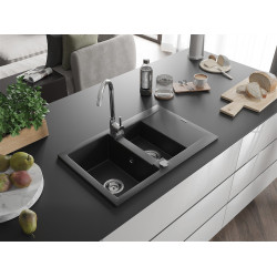 Mexen Gaspar   Chiuveta bucatarie granit 1,5 cuva + picurator+ cadou pop up sifon   737 x 475 mm, negru / chrom - 6507731505-73 1,5 Cuva 467680 Mexen