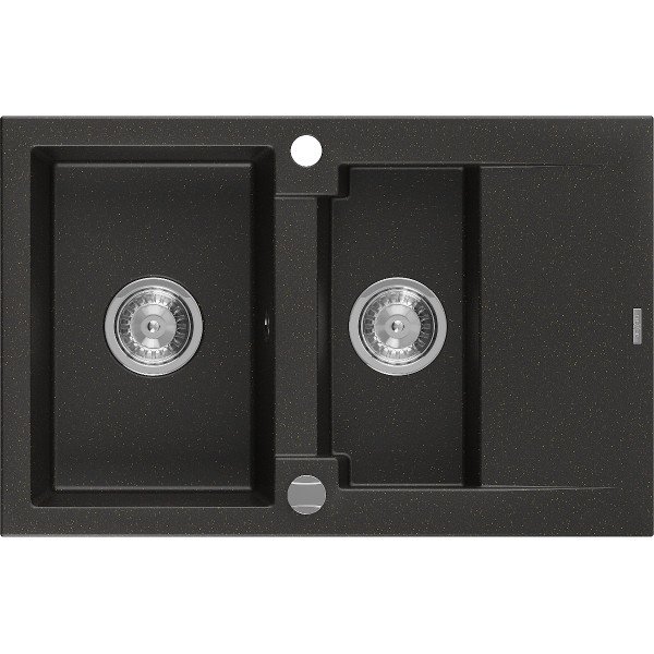Mexen Gaspar   Chiuveta bucatarie granit 1,5 cuva + picurator+ cadou pop up sifon   737 x 475 mm, negru / auriu - 6507731505-75