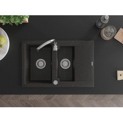 Mexen Gaspar   Chiuveta bucatarie granit 1,5 cuva + picurator+ cadou pop up sifon   737 x 475 mm, negru / auriu - 6507731505-75