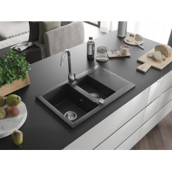 Mexen Gaspar   Chiuveta bucatarie granit 1,5 cuva + picurator+ cadou pop up sifon   737 x 475 mm, negru  piatra - 6507731505-76 1,5 Cuva 467680 Mexen