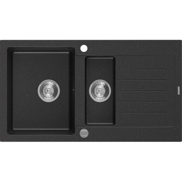 Mexen Matias   Chiuveta bucatarie granit 1,5 cuva + picurator+ cadou pop up sifon   90 x 50,5 cm, negru / chrom - 6502901505-73