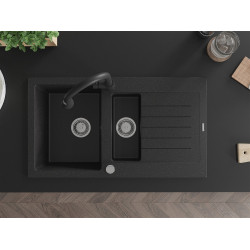 Mexen Matias   Chiuveta bucatarie granit 1,5 cuva + picurator+ cadou pop up sifon   90 x 50,5 cm, negru / chrom - 6502901505-73