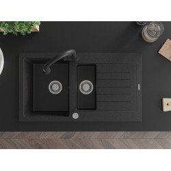 Mexen Matias   Chiuveta bucatarie granit 1,5 cuva + picurator+ cadou pop up sifon   90 x 50,5 cm, negru / chrom - 6502901505-73