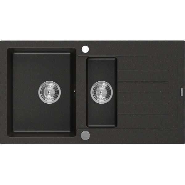 Mexen Matias   Chiuveta bucatarie granit 1,5 cuva + picurator+ cadou pop up sifon   90 x 50,5 cm, negru / auriu - 6502901505-75