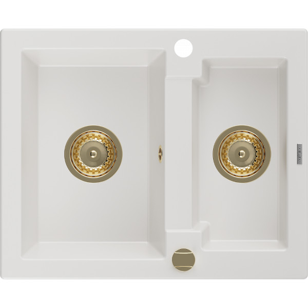 Mexen Carlos   Chiuveta bucatarie granit 1,5 cuva+ cadou pop up sifon  582 x 475 mm, alb , sifon  auriu  - 6518581500-20-G