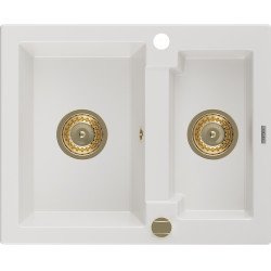 Mexen Carlos   Chiuveta bucatarie granit 1,5 cuva+ cadou pop up sifon  582 x 475 mm, alb , sifon  auriu  - 6518581500-20-G 1,5 Cuva 467680 Mexen