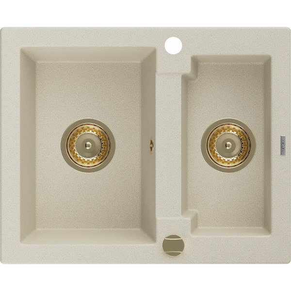 Mexen Carlos   Chiuveta bucatarie granit 1,5 cuva+ cadou pop up sifon  582 x 475 mm, beige, sifon  auriu  - 6518581500-69-G