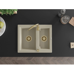 Mexen Carlos   Chiuveta bucatarie granit 1,5 cuva+ cadou pop up sifon  582 x 475 mm, beige, sifon  auriu  - 6518581500-69-G