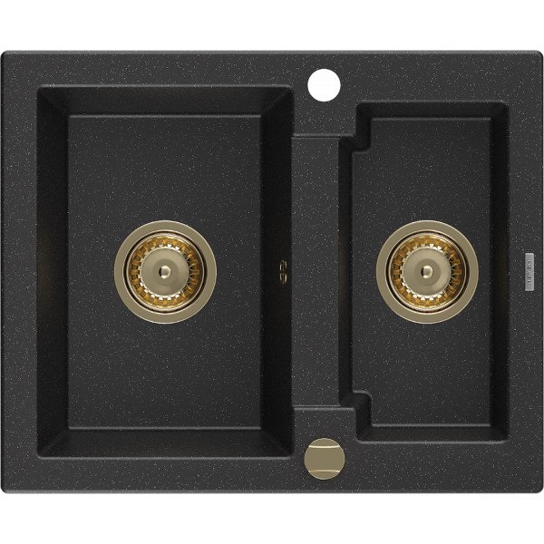 Mexen Carlos   Chiuveta bucatarie granit 1,5 cuva+ cadou pop up sifon  582 x 475 mm, negru / chrom, sifon  auriu  - 6518581500-73-G