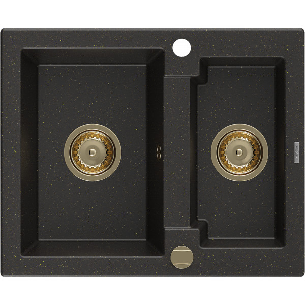 Mexen Carlos   Chiuveta bucatarie granit 1,5 cuva+ cadou pop up sifon  582 x 475 mm, negru / auriu, sifon  auriu  - 6518581500-75-G