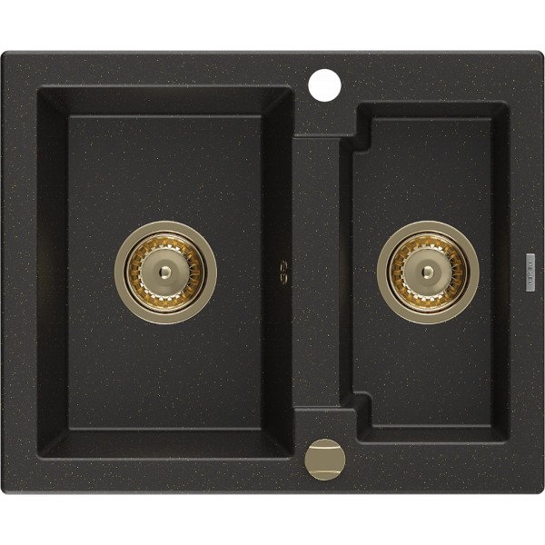 Mexen Carlos   Chiuveta bucatarie granit 1,5 cuva+ cadou pop up sifon  582 x 475 mm, negru / auriu, sifon  auriu  - 6518581500-75-G