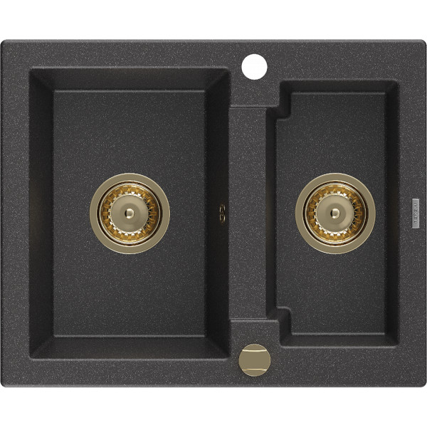 Mexen Carlos   Chiuveta bucatarie granit 1,5 cuva+ cadou pop up sifon  582 x 475 mm, negru  piatra, sifon  auriu  - 6518581500-76-G