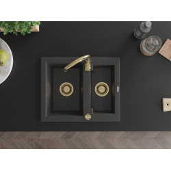 Mexen Carlos   Chiuveta bucatarie granit 1,5 cuva+ cadou pop up sifon  582 x 475 mm, negru  piatra, sifon  auriu  - 6518581500-76-G
