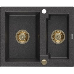 Mexen Carlos   Chiuveta bucatarie granit 1,5 cuva+ cadou pop up sifon  582 x 475 mm, negru  piatra, sifon  auriu  - 6518581500-76-G 1,5 Cuva 467680 Mexen