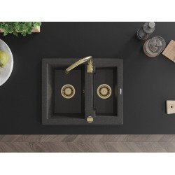 Mexen Carlos   Chiuveta bucatarie granit 1,5 cuva+ cadou pop up sifon  582 x 475 mm, negru  piatra, sifon  auriu  - 6518581500-76-G