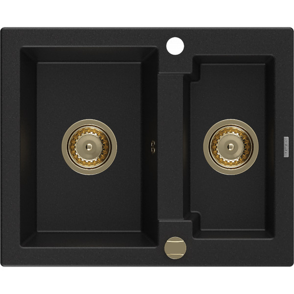 Mexen Carlos   Chiuveta bucatarie granit 1,5 cuva+ cadou pop up sifon  582 x 475 mm, negru , sifon  auriu  - 6518581500-77-G