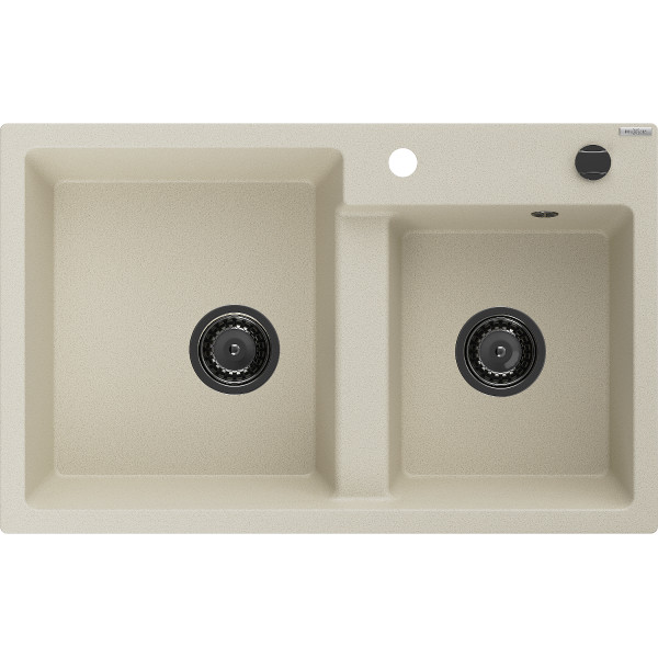 Mexen Tomas   Chiuveta bucatarie granit 2 cuva+ cadou pop up sifon  800 x 500 mm, beige, sifon  negru  - 6516802000-69-B