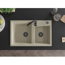 Mexen Tomas   Chiuveta bucatarie granit 2 cuva+ cadou pop up sifon  800 x 500 mm, beige, sifon  negru  - 6516802000-69-B