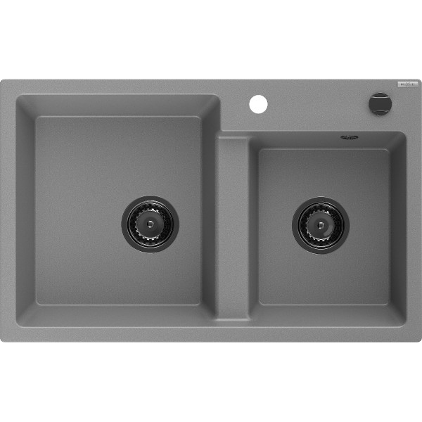 Mexen Tomas   Chiuveta bucatarie granit 2 cuva+ cadou pop up sifon  800 x 500 mm, gri , sifon  negru  - 6516802000-71-B
