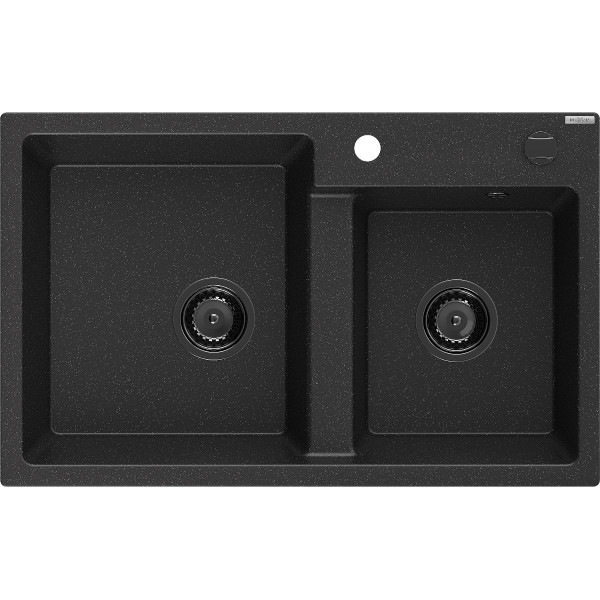 Mexen Tomas   Chiuveta bucatarie granit 2 cuva+ cadou pop up sifon  800 x 500 mm, negru / chrom, sifon  negru  - 6516802000-73-B