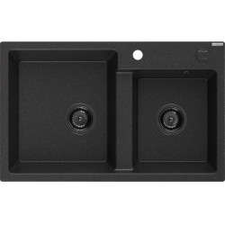 Mexen Tomas   Chiuveta bucatarie granit 2 cuva+ cadou pop up sifon  800 x 500 mm, negru / chrom, sifon  negru  - 6516802000-73-B 2 Cuva 467680 Mexen