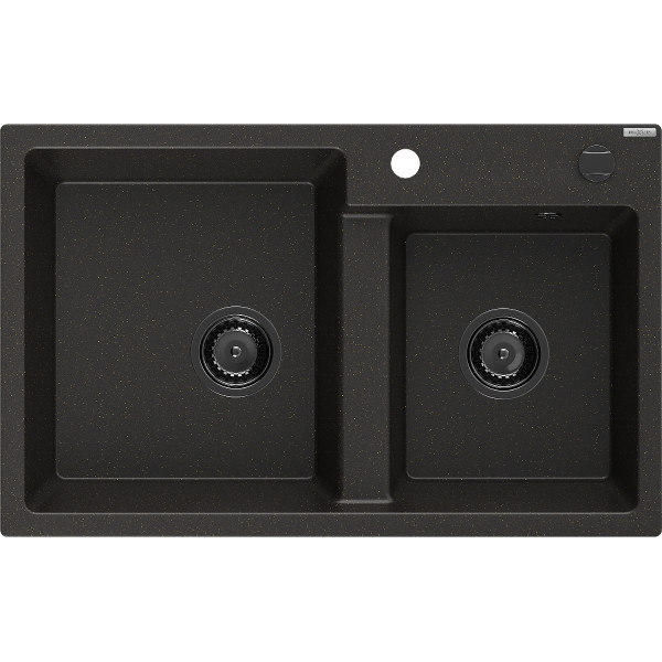 Mexen Tomas   Chiuveta bucatarie granit 2 cuva+ cadou pop up sifon  800 x 500 mm, negru / auriu, sifon  negru  - 6516802000-75-B