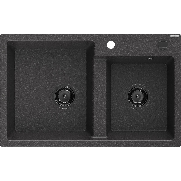 Mexen Tomas   Chiuveta bucatarie granit 2 cuva+ cadou pop up sifon  800 x 500 mm, negru  piatra, sifon  negru  - 6516802000-76-B