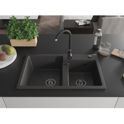Mexen Tomas   Chiuveta bucatarie granit 2 cuva+ cadou pop up sifon  800 x 500 mm, negru  piatra, sifon  negru  - 6516802000-76-B