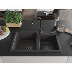 Mexen Tomas   Chiuveta bucatarie granit 2 cuva+ cadou pop up sifon  800 x 500 mm, negru  piatra, sifon  negru  - 6516802000-76-B