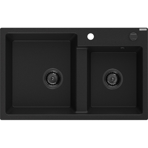 Mexen Tomas   Chiuveta bucatarie granit 2 cuva+ cadou pop up sifon  800 x 500 mm, negru , sifon  negru  - 6516802000-77-B