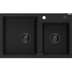 Mexen Tomas   Chiuveta bucatarie granit 2 cuva+ cadou pop up sifon  800 x 500 mm, negru , sifon  negru  - 6516802000-77-B 2 Cuva 467680 Mexen