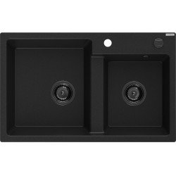 Mexen Tomas   Chiuveta bucatarie granit 2 cuva+ cadou pop up sifon  800 x 500 mm, negru , sifon  negru  - 6516802000-77-B 2 Cuva 467680 Mexen