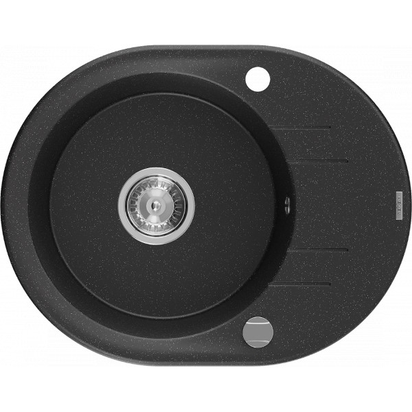 Mexen Kevin   Chiuveta bucatarie granit rotund + cadou pop up sifon 586 x 458 mm, negru / chrom, sifon   chrom - 6517581005-73