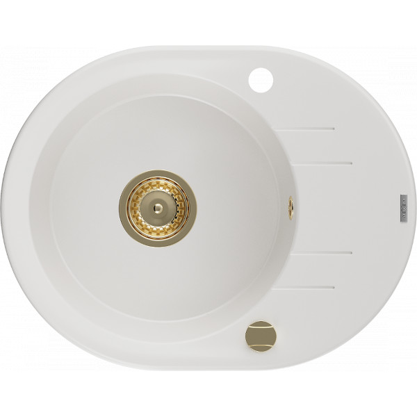 Mexen Kevin   Chiuveta bucatarie granit rotund + cadou pop up sifon 586 x 458 mm, alb , sifon  auriu  - 6517581005-20-G